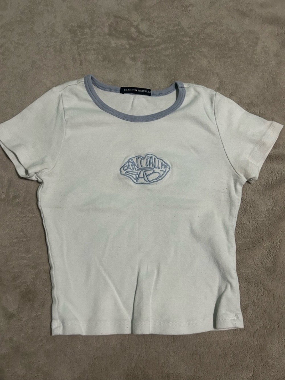 Brandy Melville White Ringer Tee with Light Blue Trim
